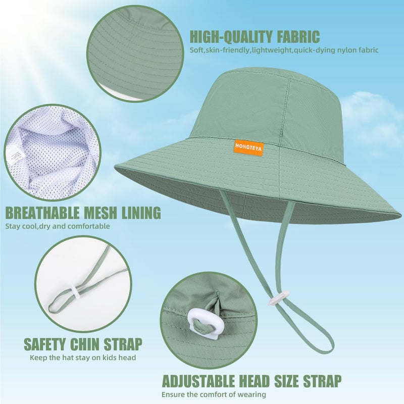 HONGTEYA Baby Sun Hat Kids Summer Sun Protection Toddler Bucket Hat Wide Brim Adjustable Beach Hats for Boys Girls Age 0-6 Years (Beige + Green) - Image 3