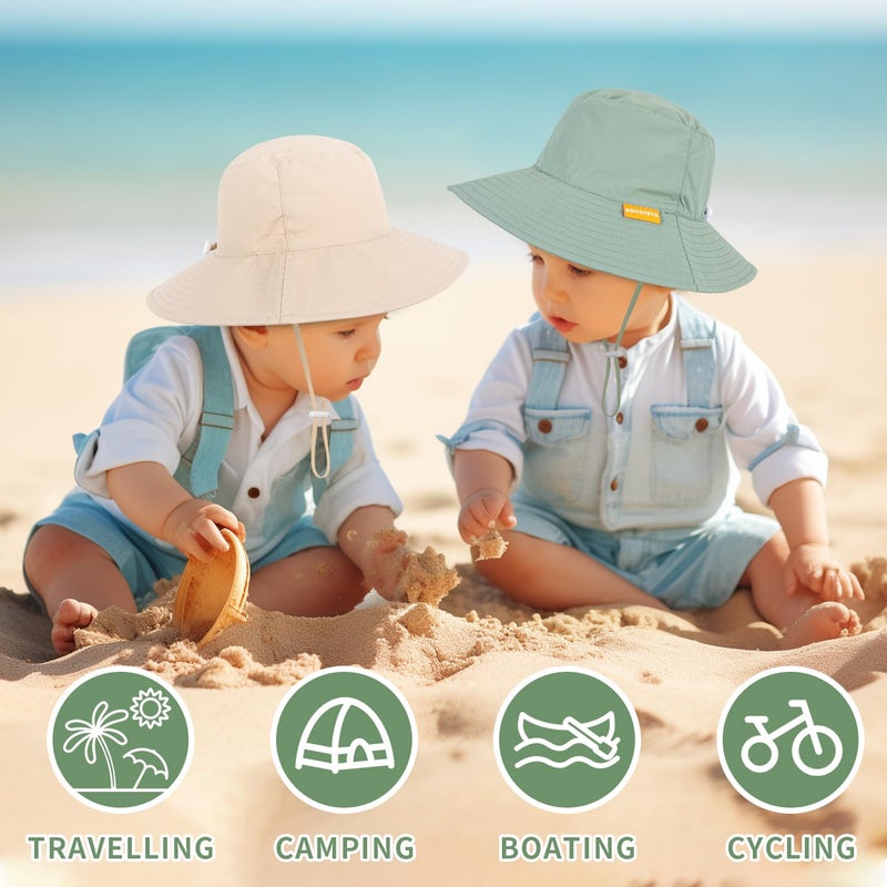 HONGTEYA Baby Sun Hat Kids Summer Sun Protection Toddler Bucket Hat Wide Brim Adjustable Beach Hats for Boys Girls Age 0-6 Years (Beige + Green) - Image 2