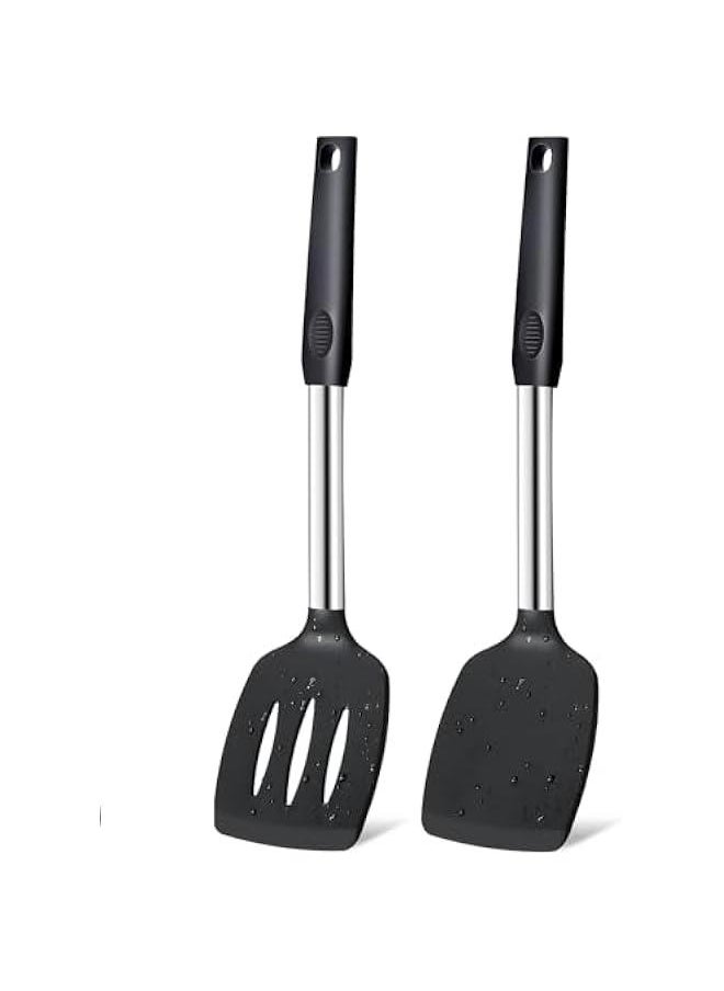 BWSJ Silic Spatula Turner Set Premium Spatulas Silic Heat Resistant  of 2 Kitchen Spatula for Nonstick Cookware Solid Slotted Rubber Spatula for Fish Eggs Pancakes Wok  - Image 1