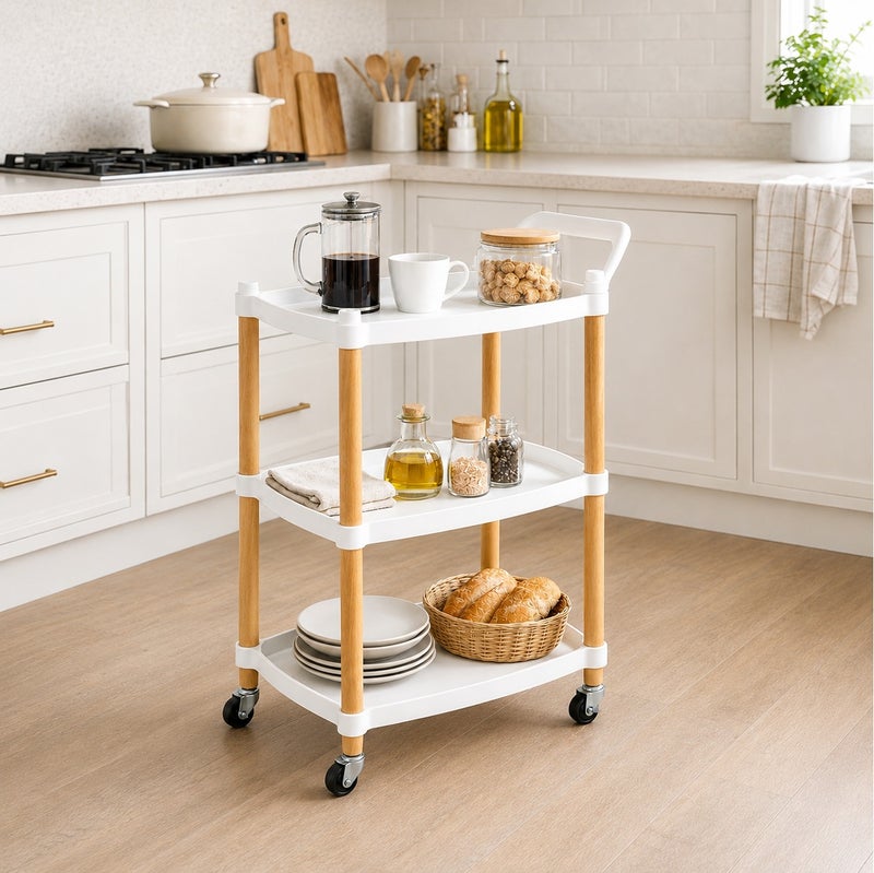 O2. White 3-Tier Rolling Utility Cart with Wheels and Handles, Mobile Storage Trolley, Kitchen Storage Rack, Bathroom Organizer, Shelving Unit for Laundry Room, Bedroom, Office and Pantry, 53 x 33 x 73.5 cm - Image 1