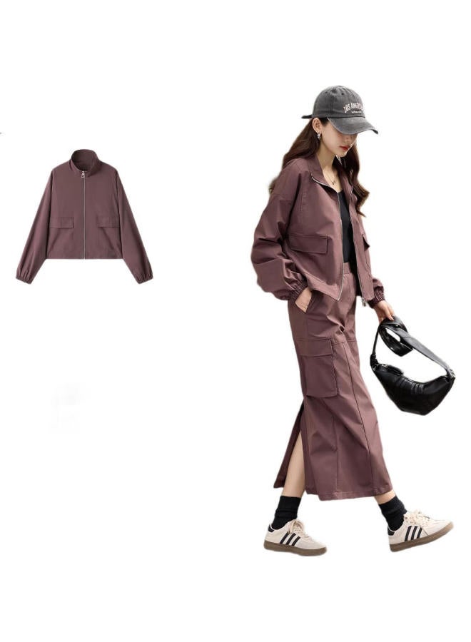 dme "Cool And Stylish" Workwear Style Stand Collar Jacket With Casual Half Skirt Two-Piece Set With Back Slit Slim Fit Women'S Suit - Image 1