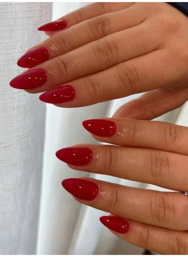 Suerte Press On Nails Red classic Medium Almond Solid Color Glossy 24pcs, Classic Red for Fall, Fake acrylic nails with glue kit Trendy - Image 1
