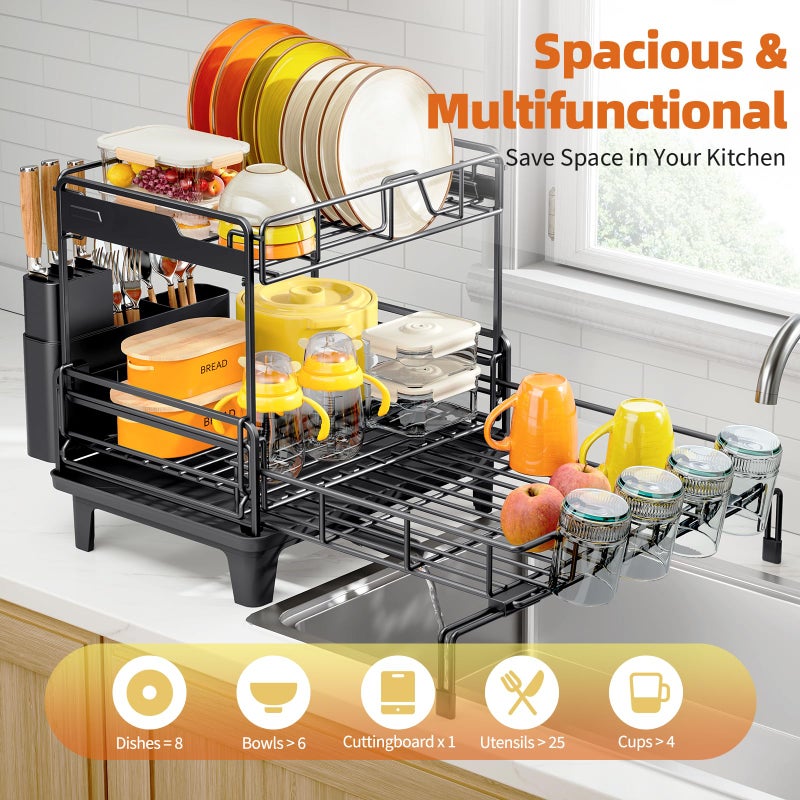 Urackify Dish Drying Rack - Extendable Dish Drainer, Large Dish Rack for Kitchen Counter, Rustproof Dish Strainer with Utensil Holder and Cups Holder, 2 Tier Black - Image 2