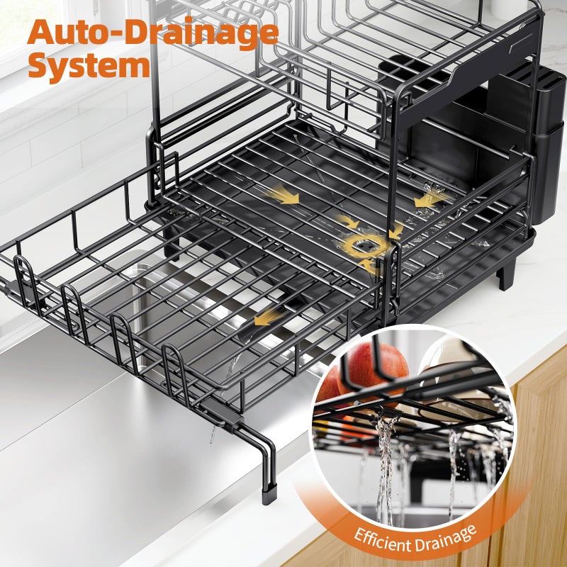 Urackify Dish Drying Rack - Extendable Dish Drainer, Large Dish Rack for Kitchen Counter, Rustproof Dish Strainer with Utensil Holder and Cups Holder, 2 Tier Black - Image 5