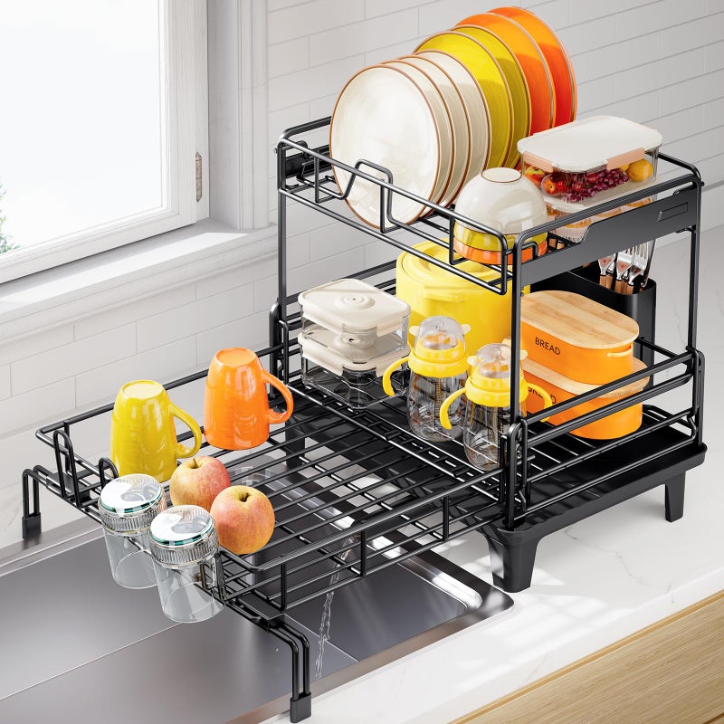 Urackify Dish Drying Rack - Extendable Dish Drainer, Large Dish Rack for Kitchen Counter, Rustproof Dish Strainer with Utensil Holder and Cups Holder, 2 Tier Black - Image 1