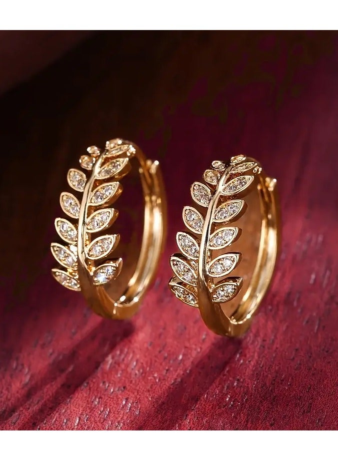Home Clearance Sale 1 Pair Leaf-Shaped Hoop Huggie Earrings Inlaid Zirconia 18K Gold Plated Holiday Jewelry for Women, Elegant Style, - Image 1