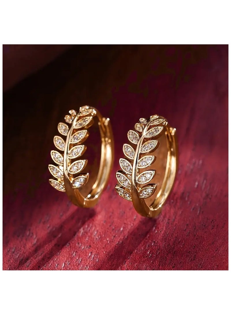 Home Clearance Sale 1 Pair Leaf-Shaped Hoop Huggie Earrings Inlaid Zirconia 18K Gold Plated Holiday Jewelry for Women, Elegant Style, - Image 5