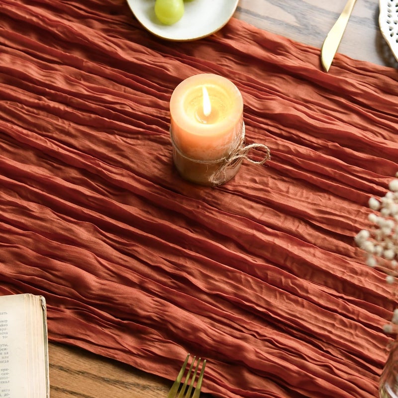 Artoid Mode Boho Terracotta Gauze Wedding Cheesecloth Table Runner, 35x120 Inch Seasonal Fabric Kitchen Dining Holiday Table Decor for Home Party - Image 3