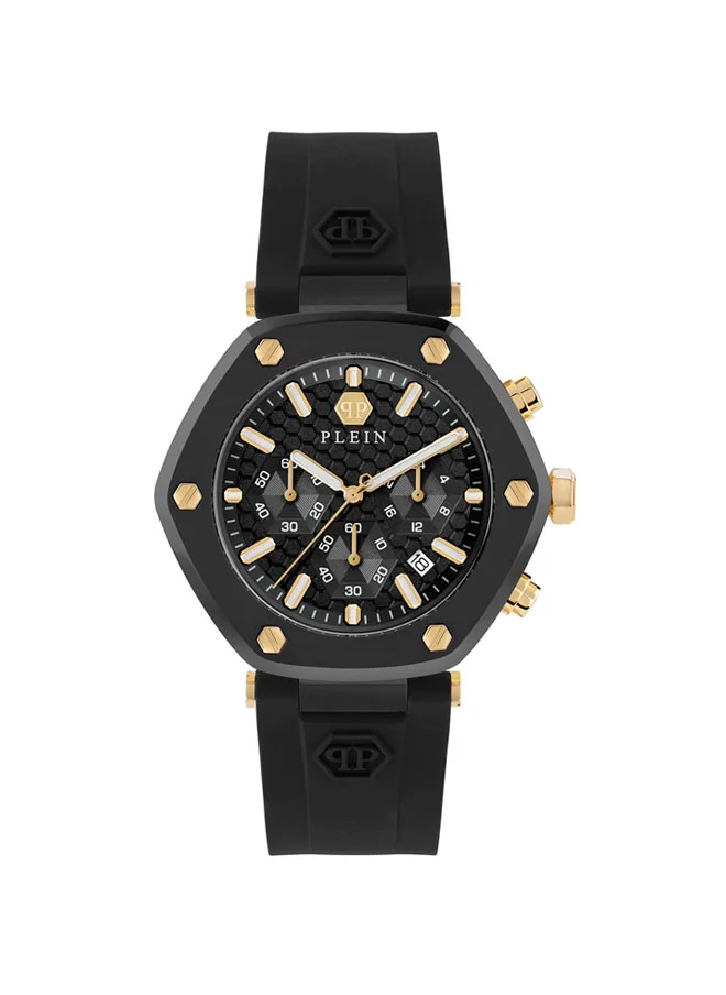 PHILIPP PLEIN THE HEXAGON CHRONO Philipp Plein Watch, Chronograph Quartz, 42mm Black & Gold Stainless Steel Case, Honeycomb Textured Dial, Matte Silicone Strap, 50m Water Resistance