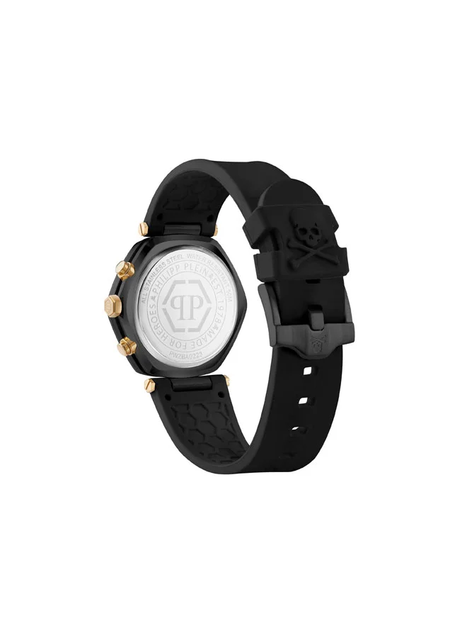 PHILIPP PLEIN THE HEXAGON CHRONO Philipp Plein Watch, Chronograph Quartz, 42mm Black & Gold Stainless Steel Case, Honeycomb Textured Dial, Matte Silicone Strap, 50m Water Resistance