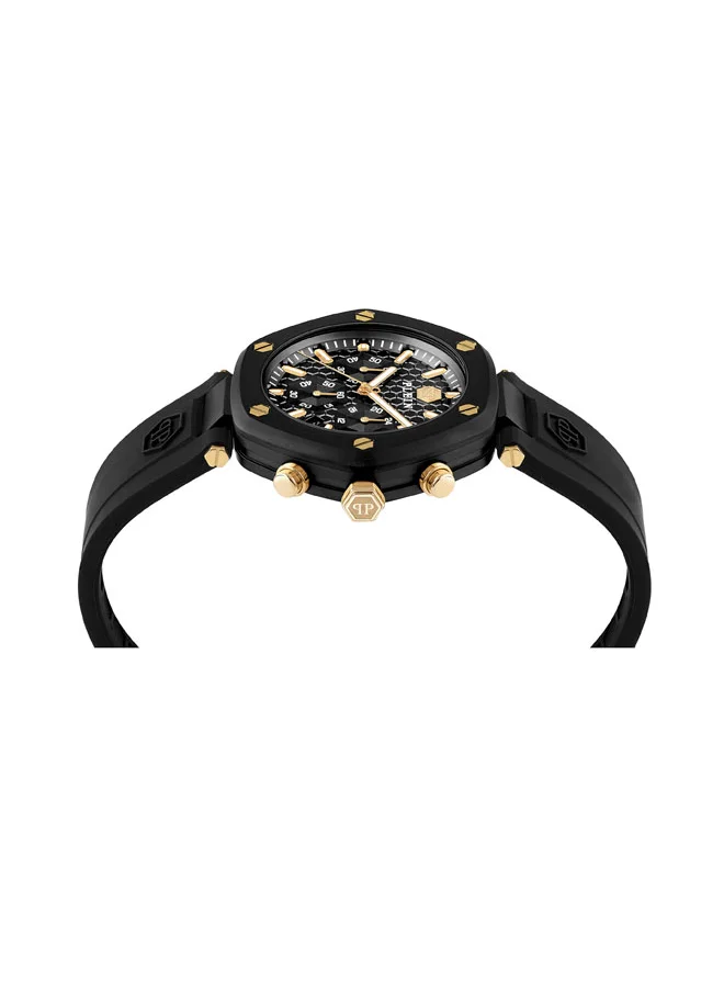 PHILIPP PLEIN THE HEXAGON CHRONO Philipp Plein Watch, Chronograph Quartz, 42mm Black & Gold Stainless Steel Case, Honeycomb Textured Dial, Matte Silicone Strap, 50m Water Resistance