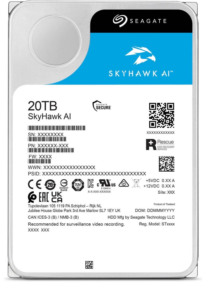 سيجيت قرص صلب سكيورتي سيغيت سكاي هوك AI سعة 20TB للمراقبة HDD 3.5 بوصة SATA 6Gb/s 7200RPM CMR محرك هيليوم لنظام NVR/DVR لتحليل الفيديو الذكي، يدعم حتى 64 كاميرا HD، تسجيل على مدار 24/7، حساسات RV، عبء عمل 550TB/سنة | ST20000VE003 - Image 4
