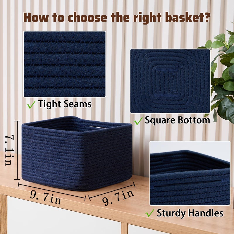 MiniArk Small Organizing Baskets for Cubes Shelf, 9.7x9.7x7.1 Inch Rope Woven Storage Bins for Nursery Shelves Storage, Cute Toy Basket, Square 3 Packs Navy Blue - Image 2