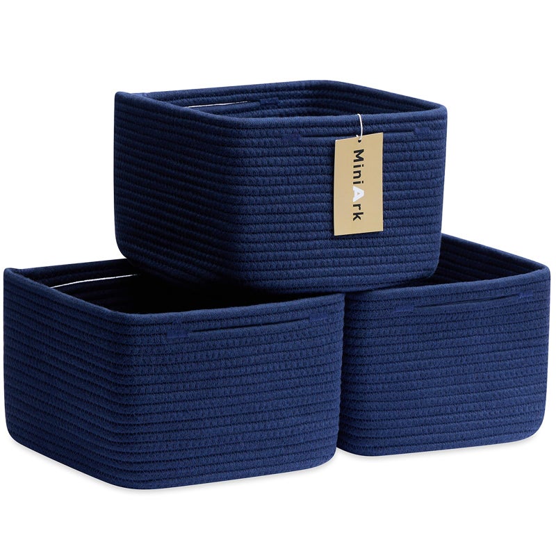 MiniArk Small Organizing Baskets for Cubes Shelf, 9.7x9.7x7.1 Inch Rope Woven Storage Bins for Nursery Shelves Storage, Cute Toy Basket, Square 3 Packs Navy Blue - Image 1