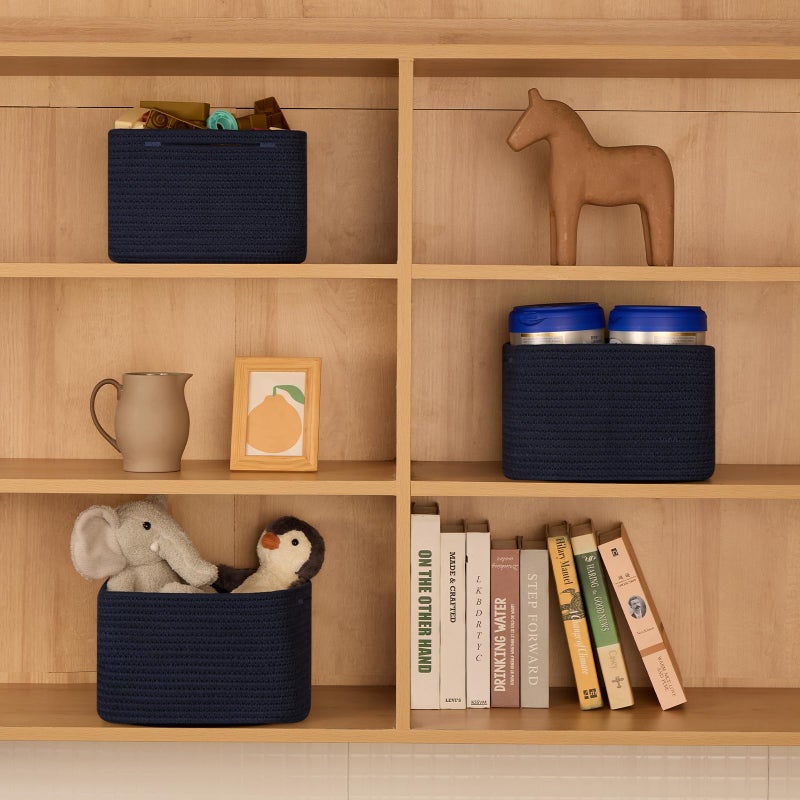 MiniArk Small Organizing Baskets for Cubes Shelf, 9.7x9.7x7.1 Inch Rope Woven Storage Bins for Nursery Shelves Storage, Cute Toy Basket, Square 3 Packs Navy Blue - Image 4