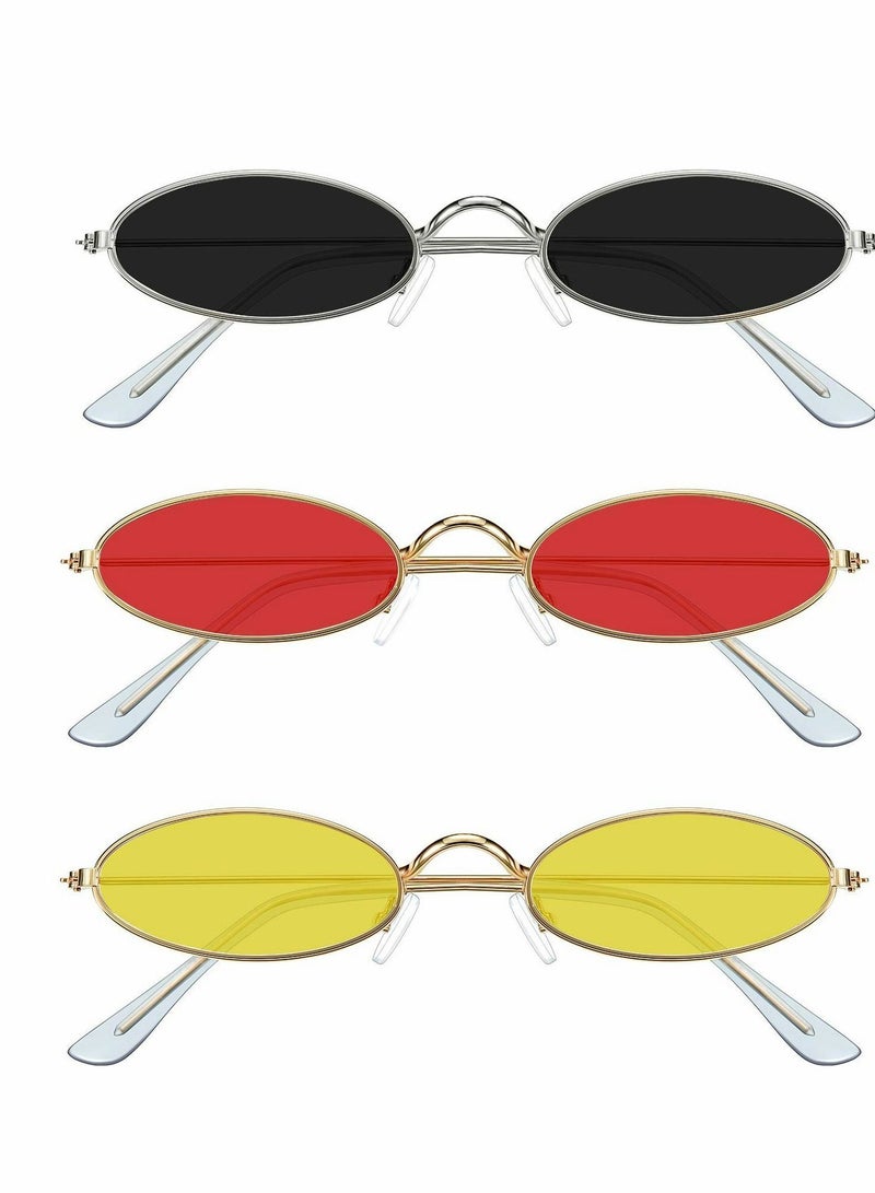Y&D Vintage Oval Sunglasses Retro Slender Metal Frame glasses Small Candy Colors for Men Woman, 3 Pair  - Image 1