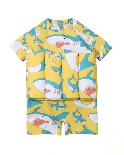 DivingBirds Floatie Swimsuit for Toddlers Boys Girls Floating Bathing Suit Baby Kids Float Learn to Swim Suit Floatation Beach Pool Light Yellow Shark 23 Years - Image 1