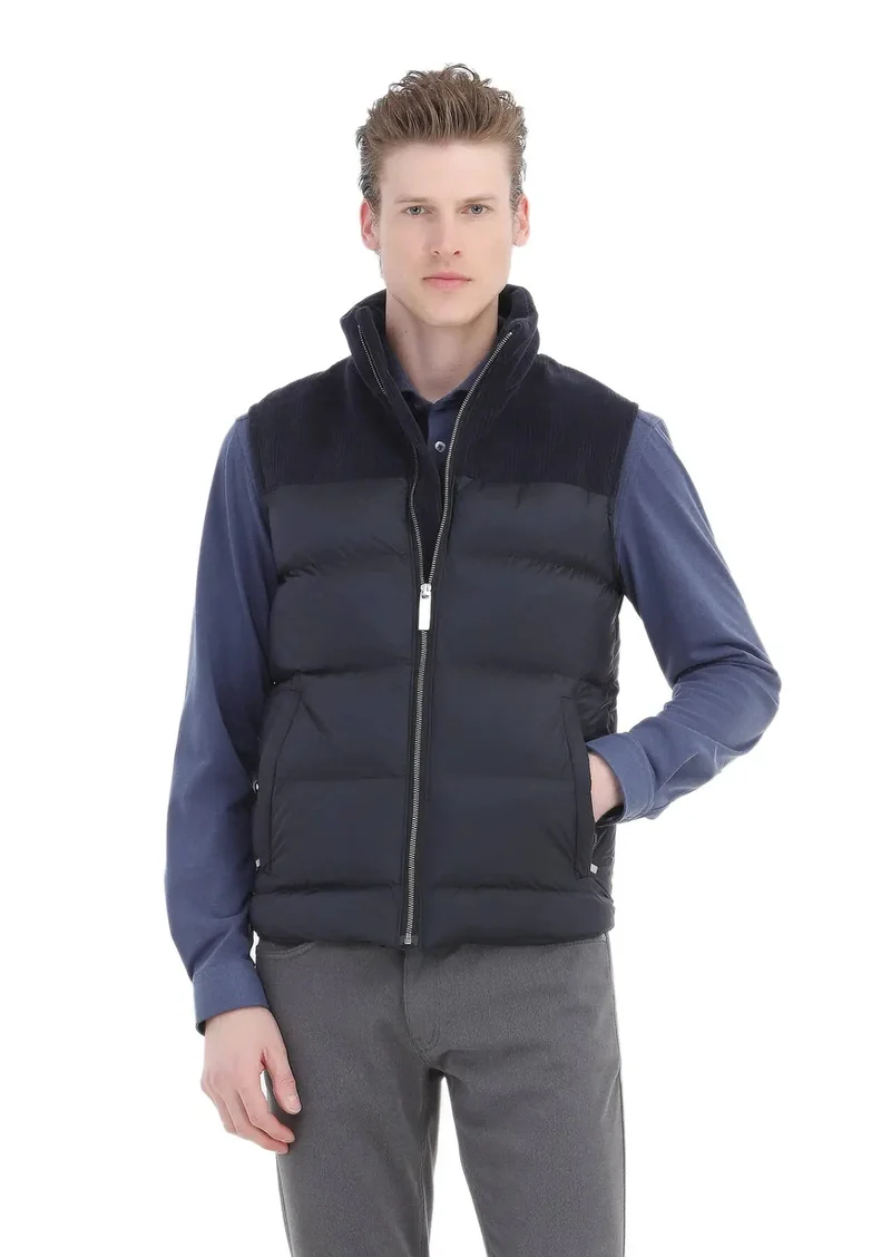 RAMSEY Navy Blue Regular Fit Turtleneck Casual Weaving Puffer Vest