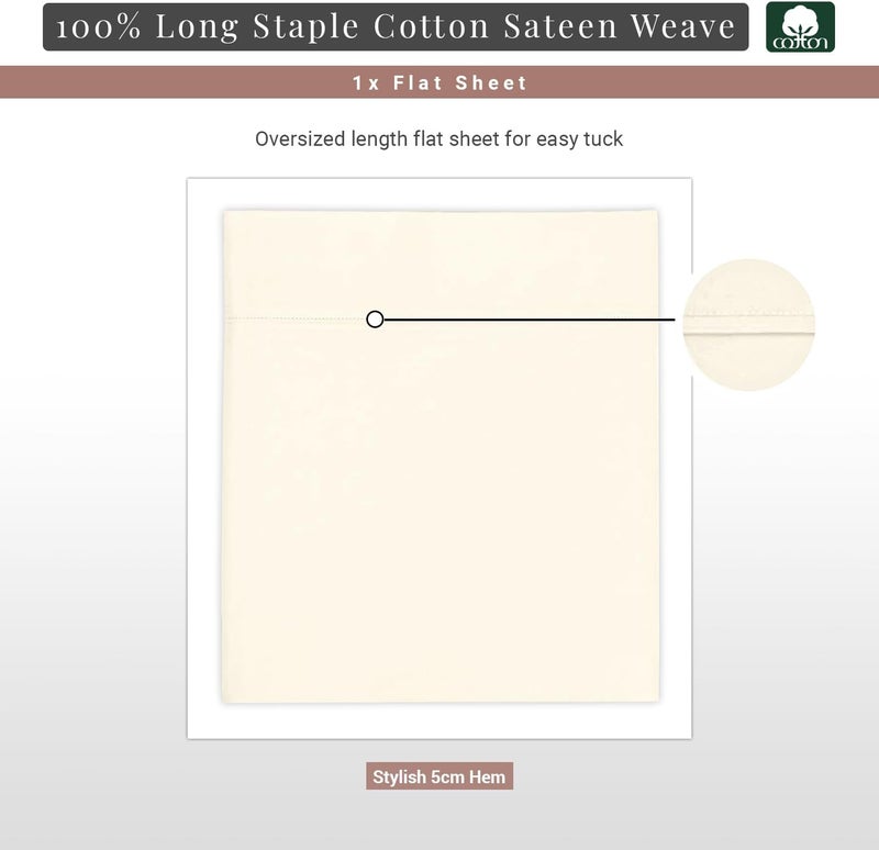 PIZUNA 100% Cotton Flat Bed Sheet Single 180x280 cm New Ivory 1 PC, 400 Thread Count Luxurious Long Staple Cotton Sateen Weave Bed Sheet New Ivory (ملاءة سرير مسطحة من القطن 100%) - Image 3