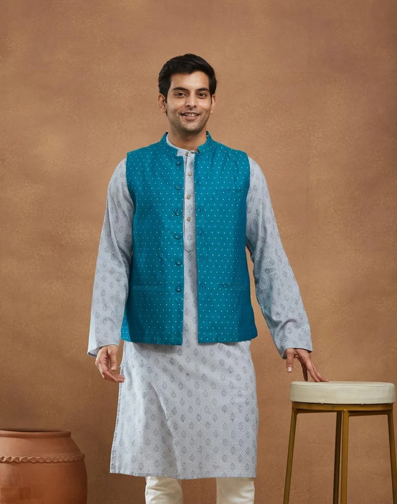 Fabindia Teal Viscose Blend Butta Nehru Jacket