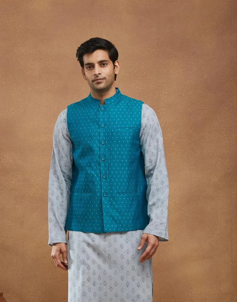 Fabindia Teal Viscose Blend Butta Nehru Jacket