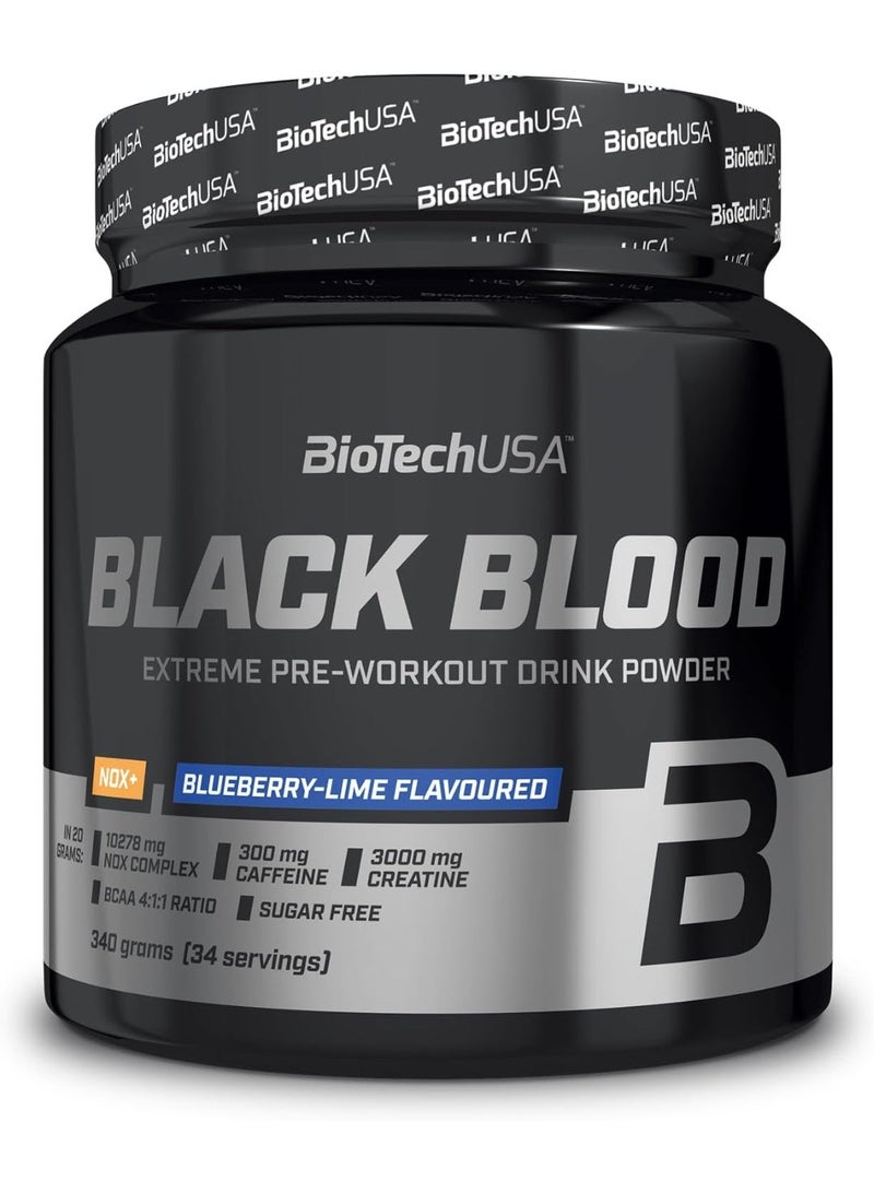 BioTechUSA Black Blood NOX+ Pre-Workout Food Supplement Tropical Fruits 340g, Sugar-Free Powder with 12 Active Ingredients, 300mg Caffeine and 3411mg Creatine Complex - Image 1