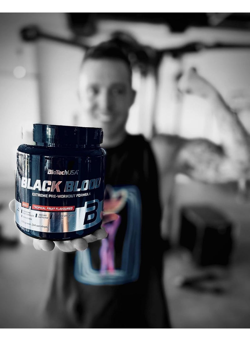 BioTechUSA Black Blood NOX+ Pre-Workout Food Supplement Tropical Fruits 340g, Sugar-Free Powder with 12 Active Ingredients, 300mg Caffeine and 3411mg Creatine Complex - Image 2