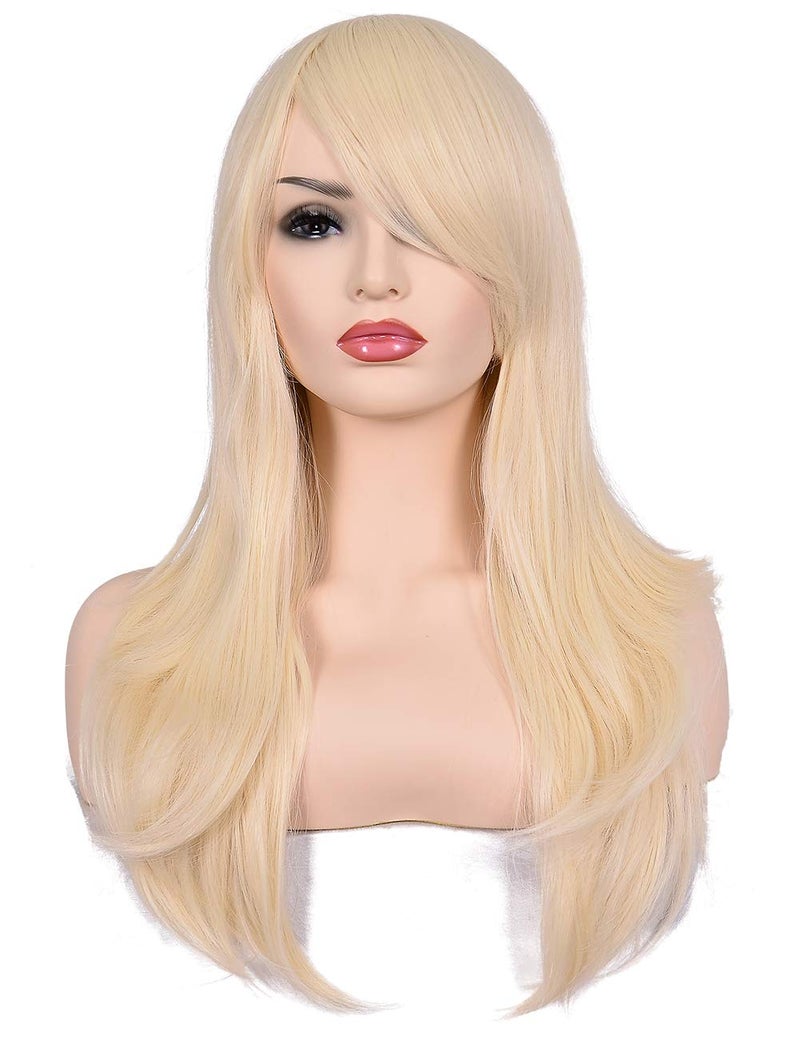 morvally 23 inches Long Curly Wig Big Wave Heat Resistant Synthetic Hair with Bangs for Cosplay Costume Halloween Party 613 Light Blonde