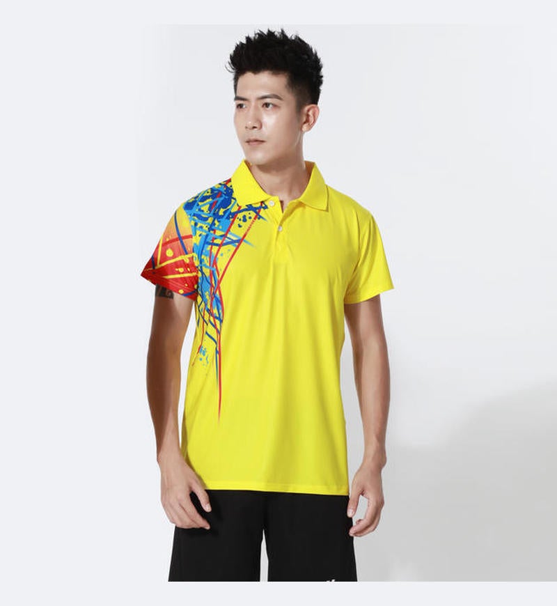 Generic Quick-drying Badminton Suit Mens and Womens Suit Table Tennis Suit Short-sleeved Top Tennis Clothes Volleyball Sports Team Clothes Printed Yellow men's + black pants