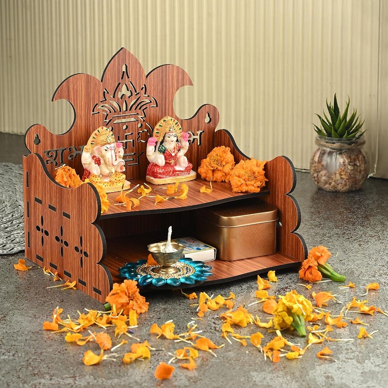 ZUPER Wood Hand Crafted Om Pattern Home Temple for Puja and Office - Wooden Mandir Shelve Ideal for Home (Brown-1) (Pack of 1) - Image 4
