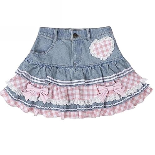 OATSBAS Preppy Lolita Kawaii Skirts Sweet Mini Women Cute Ball Gown Denim Skirt Y2K High Waist Lace Cake Skirts (Blue,S,Small) - Image 1