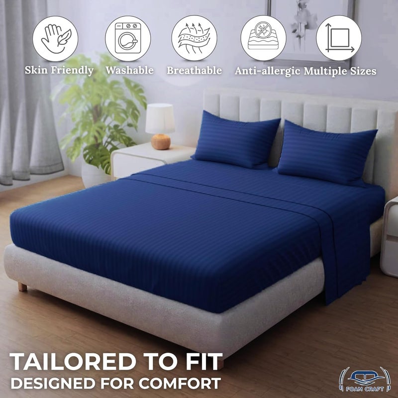 FOAM CRAFT Queen Size Striped Cotton Fitted Bed Sheet Set - 3 Piece with 300 Thread Count (Navy, 200 x 200cm) - Image 5