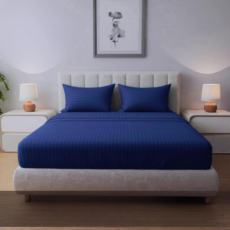 FOAM CRAFT Queen Size Striped Cotton Fitted Bed Sheet Set - 3 Piece with 300 Thread Count (Navy, 200 x 200cm) - Image 1