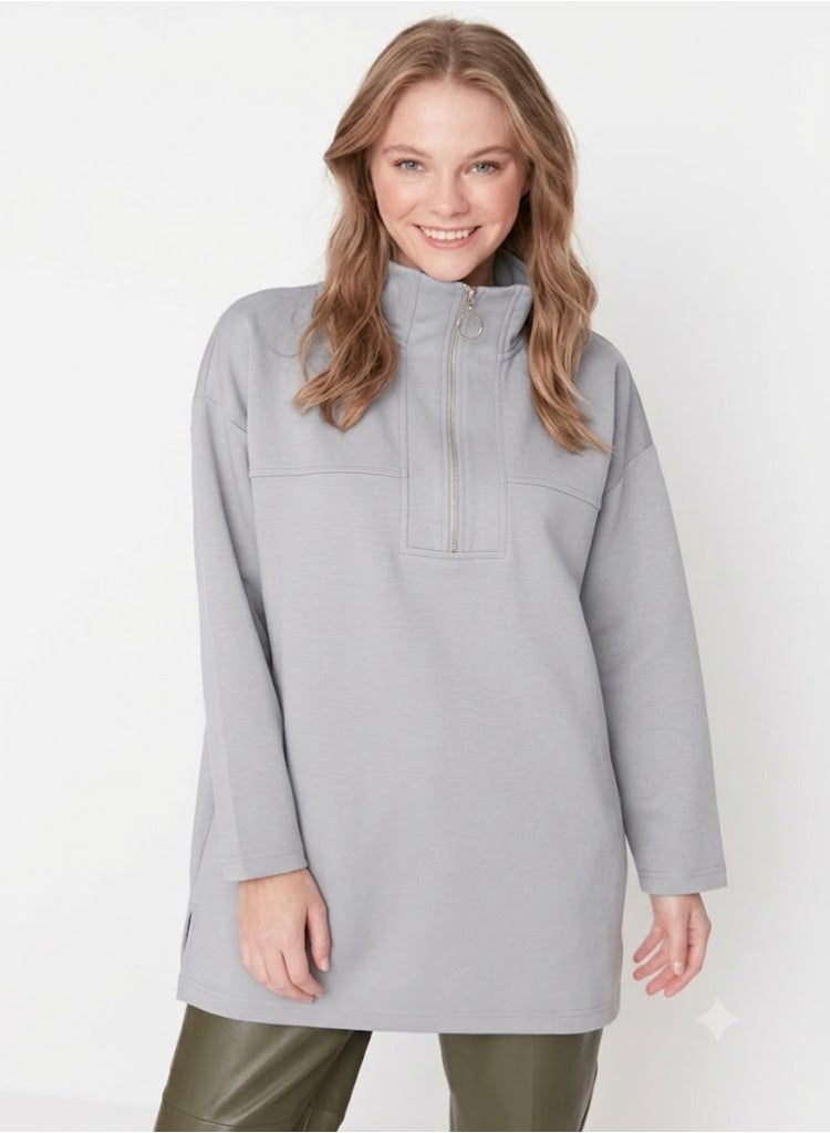 Zipper Detailed Diver/Scuba Oversize Knitted Sweatshirt TCTAW23TW00198