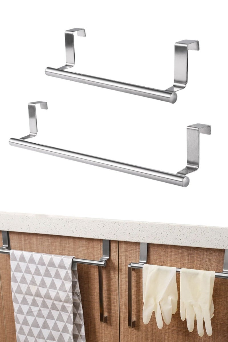Mmmon 2 Pack Over Cabinet Towel Rack, Over Door Towel Bar Kitchen Bathroom Towel Holder Storage Dish Towel Holder, Over Cabinet Cupboard Door Towel Bar, Silver - Image 1