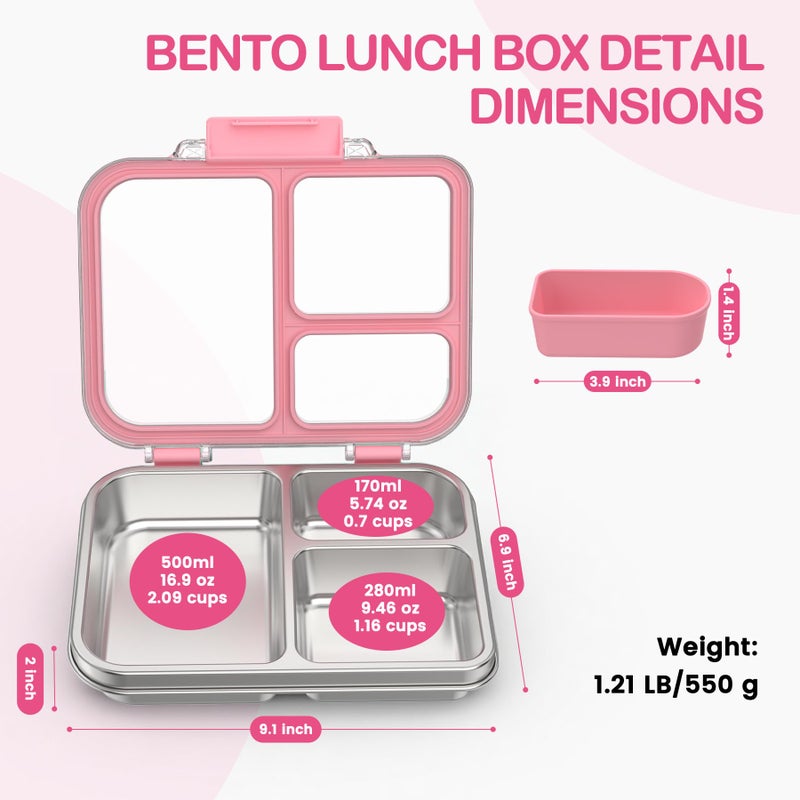 BABHAMNESS Stainless Steel Bento Lunch Box for Kids Adults, 3 Compartments Metal Bento Box with Transparent Lid & Silicone Container for Kids,Dishwasher-Safe,School & Travel,BPA-Free(Pink) - Image 5