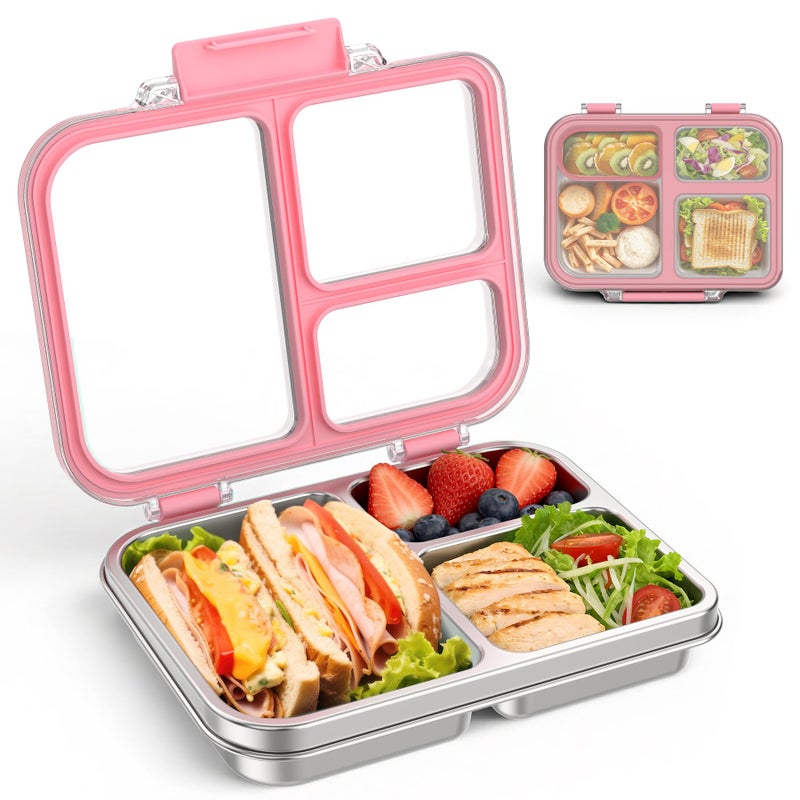 BABHAMNESS Stainless Steel Bento Lunch Box for Kids Adults, 3 Compartments Metal Bento Box with Transparent Lid & Silicone Container for Kids,Dishwasher-Safe,School & Travel,BPA-Free(Pink) - Image 1
