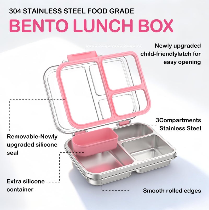 BABHAMNESS Stainless Steel Bento Lunch Box for Kids Adults, 3 Compartments Metal Bento Box with Transparent Lid & Silicone Container for Kids,Dishwasher-Safe,School & Travel,BPA-Free(Pink) - Image 2