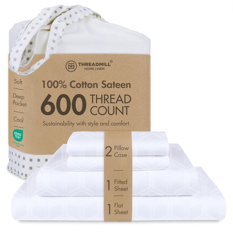 Threadmill 100 Cotton Sheets for King Size Bed 600 Thread Count King Bed Sheets Set with 16 Deep Pocket Jacquard Sateen Weave 4Piece Bedding Set with Cooling Effect White