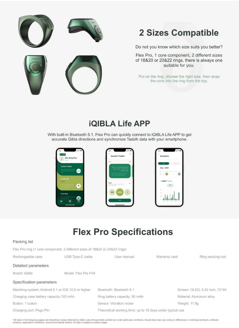 iQIBLA iQIBLA Smart Zikr Ring Flex Pro | Tasbih Counter & Muslim Prayer Time Reminder | Waterproof Wearable Technology | Green Edition  - Image 5