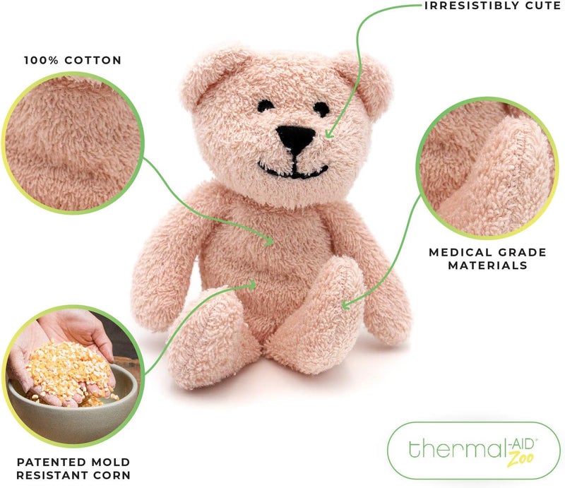 Thermal-Aid Zoo Mini — (Bella The Pink Bear) — Mold-Resistant, Washable Hot & Cold Pack for Kids — Heating and Cooling Pad with Natural Corn Filling — Reusable Plush Toy - Image 2