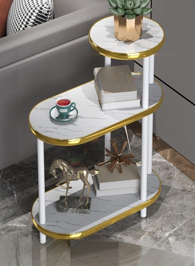 فاشون هوم طاولة جانبية رخامية من 3 طبقات طاولة قهوة عصرية بإطار ذهبي لغرفة المعيشة 60x30x68 سم. - Image 1