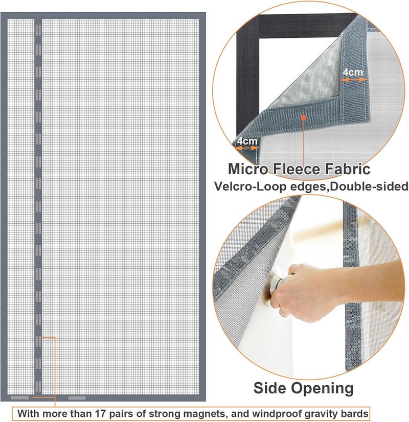Risareyi Magnetic Mosquito Net in Fiberglass 190x250 cm, Fine Net, Side Opening Curtain Magnetic Mosquito Nets for Doors Windows for Balcony Automatic Closing, Mosquito Net with Magnet, Grey - Image 3