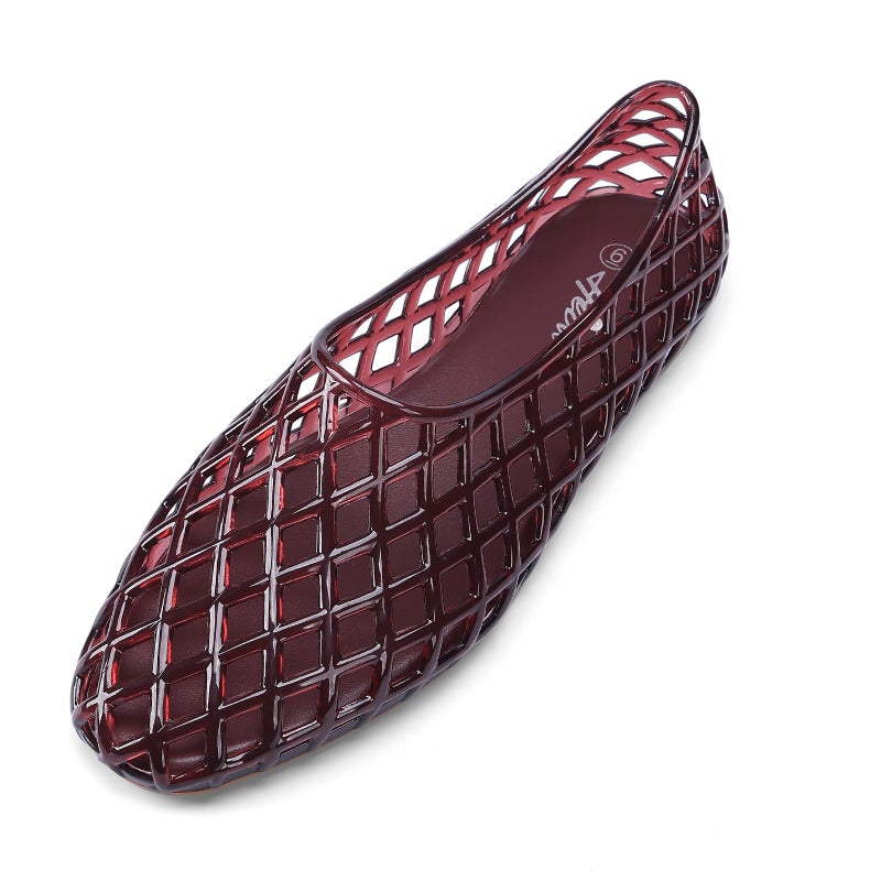 HEVA Women's Jelly Mesh Flats Breathable Clear Hollow Shoes Summer Beach Jellies Ballet Sandals(7 M US Wine Red) - Image 3