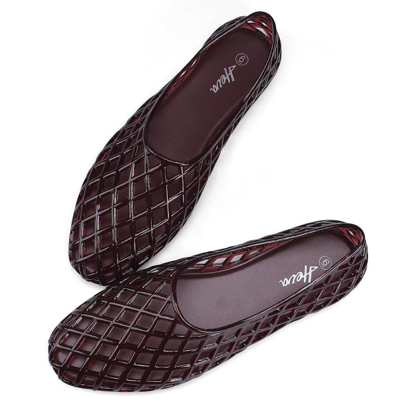 HEVA Women's Jelly Mesh Flats Breathable Clear Hollow Shoes Summer Beach Jellies Ballet Sandals(7 M US Wine Red) - Image 2