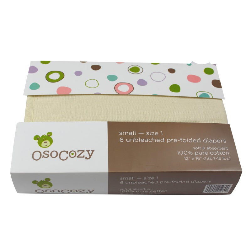 OsoCozy Prefolds Unbleached Cloth Baby Diapers, Size 1 (7-15 lbs), 6 Pack, Soft, Absorbent and Durable 100% Natural Cotton - Image 1