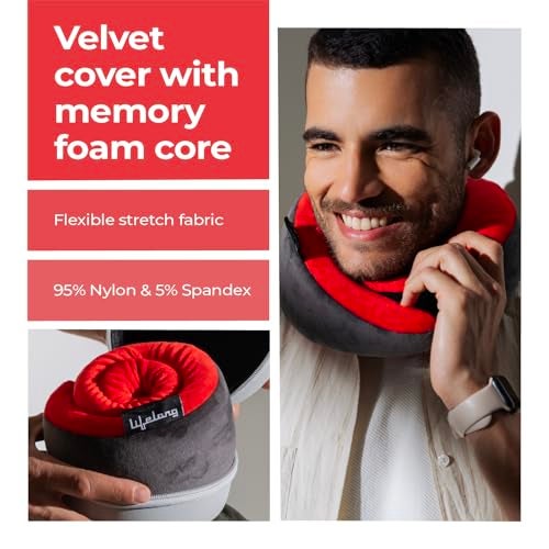 Lifelong Travel Neck Pillow | Premium Memory Foam Neck Support | Adjustable Headrest for Sleeping, Airplane Use | Portable Cushion with Case | Red - Image 4