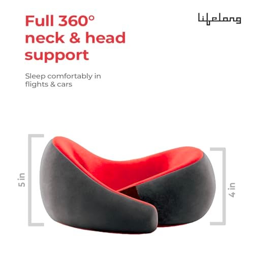 Lifelong Travel Neck Pillow | Premium Memory Foam Neck Support | Adjustable Headrest for Sleeping, Airplane Use | Portable Cushion with Case | Red - Image 2
