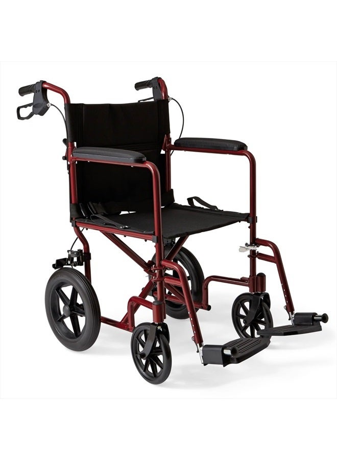 Medline Lightweight Foldable Transport Wheelchair with Handbrakes and 12-Inch Wheels, Red Frame, Black Upholstery - Image 1