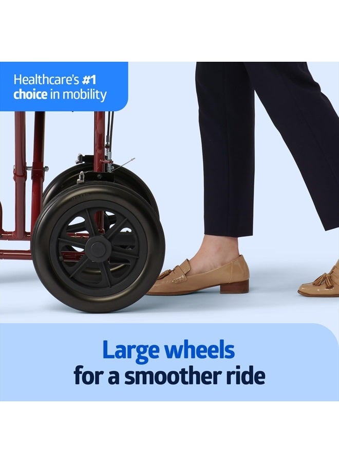 Medline Lightweight Foldable Transport Wheelchair with Handbrakes and 12-Inch Wheels, Red Frame, Black Upholstery - Image 2